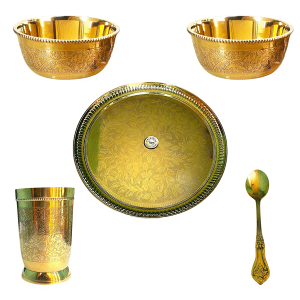 COPRASIA Handcrafted Brass Dinner Set – Traditional Indian Thali Set for Elegant Dining (Set of 5 Pcs) - Image 2