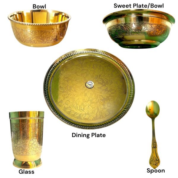 COPRASIA Handcrafted Brass Dinner Set – Traditional Indian Thali Set for Elegant Dining (Set of 5 pcs with Desert Bowl) - Image 3