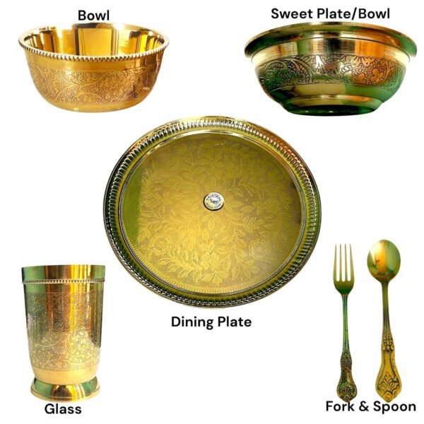 COPRASIA Handcrafted Brass Dinner Set – Traditional Indian Thali Set for Elegant Dining (Set of 7 pcs) - Image 3