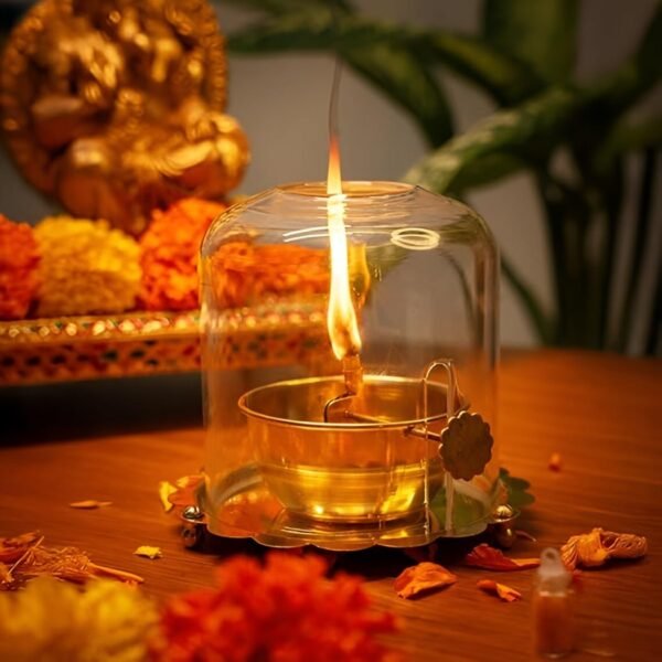 COPRASIA Brass Akhand Jyoti Diya with Glass Cover & Adjustable Bati – Long-Lasting Oil Lamp for Puja & Home Temple