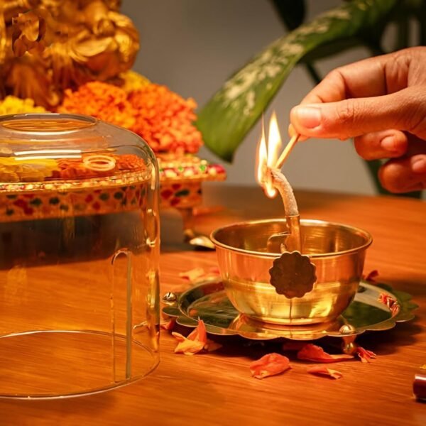 COPRASIA Brass Akhand Jyoti Diya with Glass Cover & Adjustable Bati – Long-Lasting Oil Lamp for Puja & Home Temple - Image 2