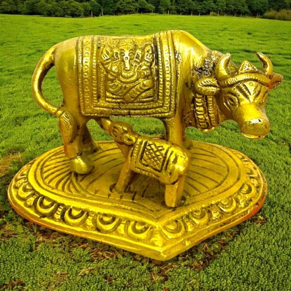 COPRASIA Brass Kamadhenu Mata Idol (10 cm) – Sacred Cow with Calf Statue for Puja, Vastu & Home Decor