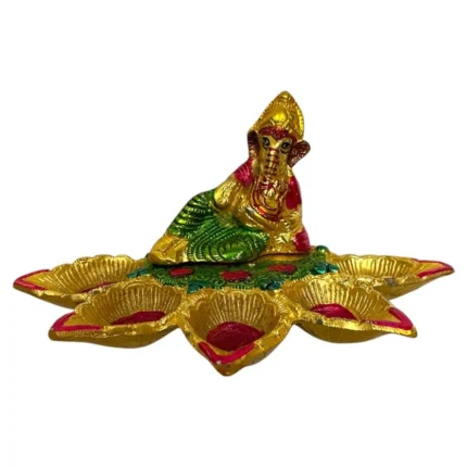 Brass Aluminum Ganesha Diya Stand | 5 Oil Lamp Holder for Pooja & Diwali Decor