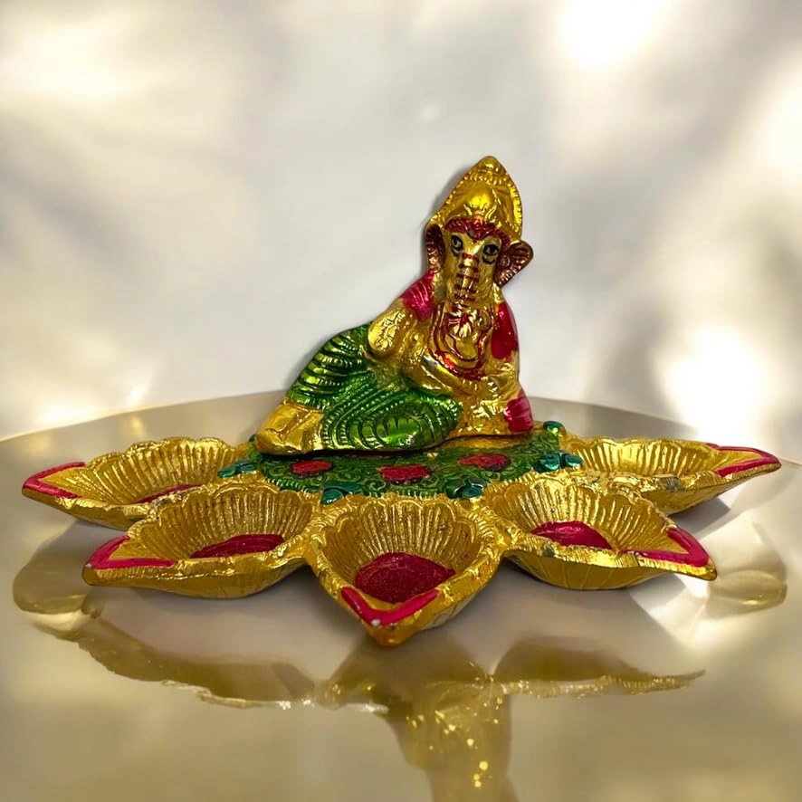 Ganesha Diya Stand 5 Lamp Peacock