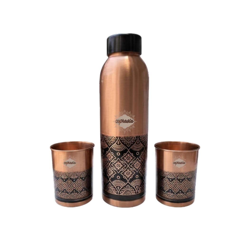 51XIhJV6i6L._SL1024_ Pure Copper Water Bottle 1 Litre with 2 Copper Glass Set – Leakproof Tamra Jal Drinking Bottle - Image 1